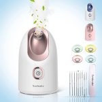 Newbealer Mini Aroma Face Steamer, 160ml Nano Ionic Hot Mist Facial Humidifier Atomizer, Home Sauna Spa Sprayer Moisturizing Cleansing Pores, 9 Pieces Acne Remover Kit Included, Pink-Gold